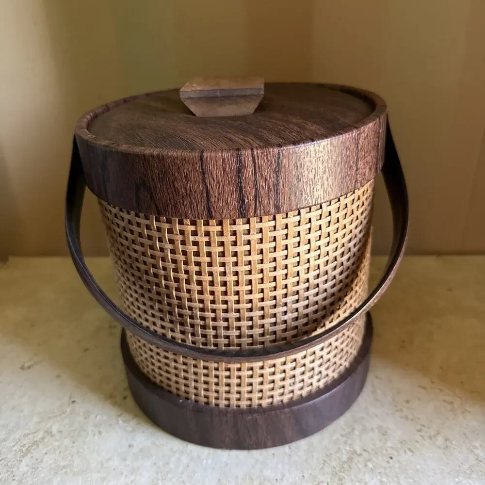 Mid Century Modern MCM Faux Wood Grain & Basket Weave Ice Bucket Bar